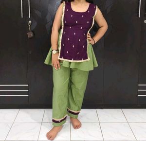 Elegant Purple & Green Kurta Set  self design