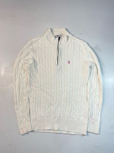 unisex Cream Cable Knit Quarter Zip Sweater