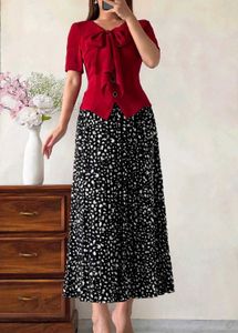 Elegant Red Top with Printed Skirt Set