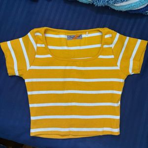 Mustard Yellow Striped Ribbed Square Neck Top