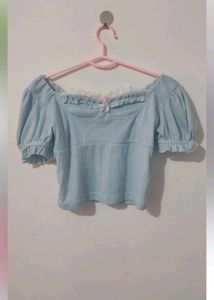 ajio Blue Lace Trim Puff Sleeve Top
