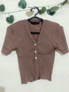 Brown Ribbed Button-Up Crop Top