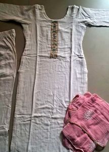 White Kurta with Pink Dupatta Set