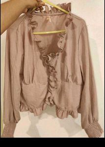 Chic Ruffled Pink Cropped Jacket