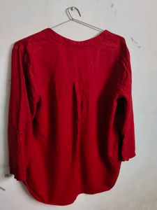 Red V-Neck Button-Up Blouse