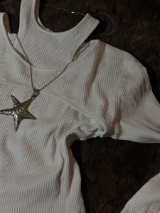 Cream Ribbed Cut-out Long Sleeve Top