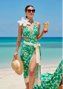 Green Floral One Piece Swimsuit with sarong