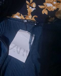 Zara Blue Ribbed Puff Sleeve Top