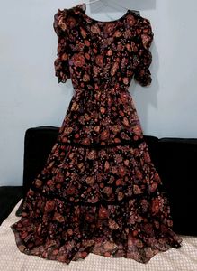Quality Black&amp;Rust Orange Floral Print Tiered Midi