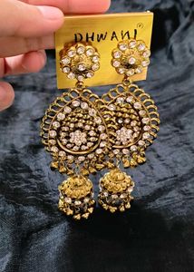 Stunning Golden Jhumka Earrings with White Stone