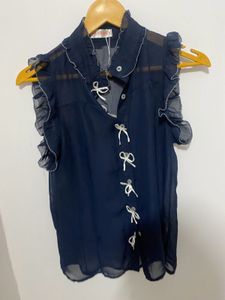 Navy Bow Detail Sheer Top