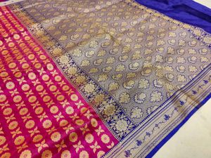 Elegant Pink &amp; Grey Banarasi Silk Saree