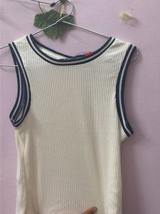 Ribbed Cream Tank Top with Navy Trim