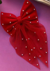 Elegant Red Bow Hair Clip with Pearls
