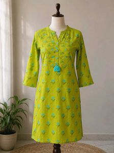 Lime Green Printed Cotton Kurti with Tassel Detail