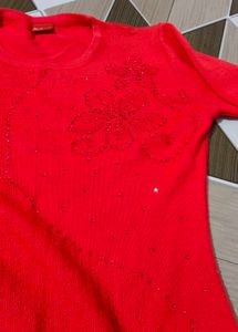 Vibrant Red Knit Sweater with Sparkle Detail