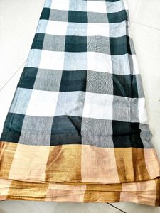 black and white chex zari border semi silk saree