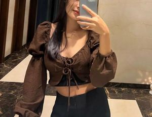 Chic Brown Lace-Up Puff Sleeve Top