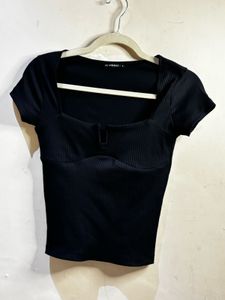 Chic Black Ribbed Square Neck Top