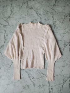 Ribbed Mock Neck Puff Sleeve Sweater