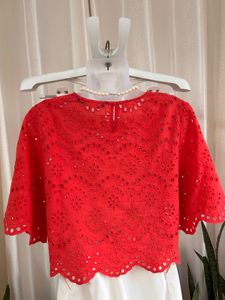 Zara Red cotton Broderie Anglaise crop Top