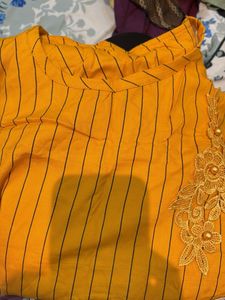 Yellow Striped Kurta with Lace