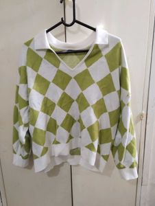 Checkerboard Collared V-Neck Sweater
