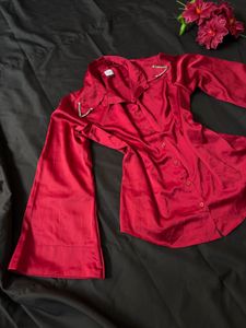 Chic Red Satin Bell Sleeve Top