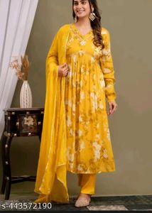 Women's Yellow Floral Kurta Set with Dupatta