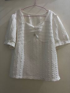Chic Textured White Square Neck Top