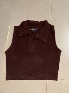Chic Collared Sleeveless Brown Top
