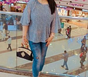 Stylish Grey Striped Top with Bell Sleeves