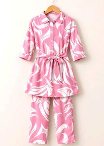 Pink Leaf Print Kurta Set