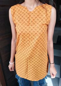 Orange Printed Sleeveless Kurta