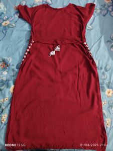 Red Embroidered Nayra Cut Kurti