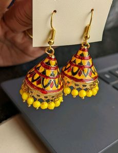 Meenakari Jhumka - Red &amp; Yellow