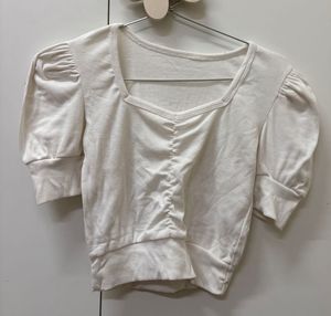 White Ruched Puff Sleeve Top