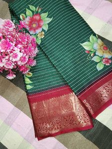 Beautiful Floral Print Green Saree