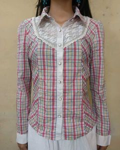 Plaid Long Sleeve Shirt with Lace Detail