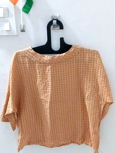 Orange Checkered Kurta ,cotton material,