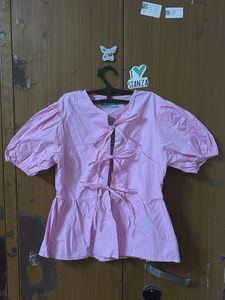 Cute Pink Tie-Front Puff Sleeve Top