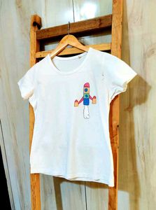 White T-Shirt with Rocket Graphic Size-30