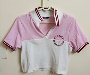 Pink &amp; White Cropped Polo Shirt