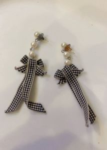 New  Pearl &amp; Gingham Bow Dangle Earrings