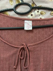 Mauve Ribbed Tie-Front Top