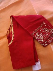Beautiful Peach Saree with Red Blouse