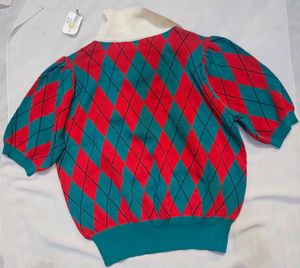 SHEIN Retro Argyle Polo Pattern Puff Sleeve Knit T
