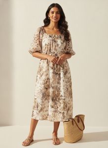 Boho Floral Print Puff Sleeve Dress