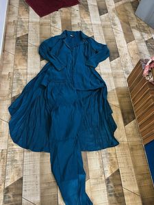 Bohemian Teal Kurta Set with Embellished Collar