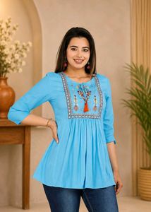 Beautiful Blue Embroidered Kurta Top_L